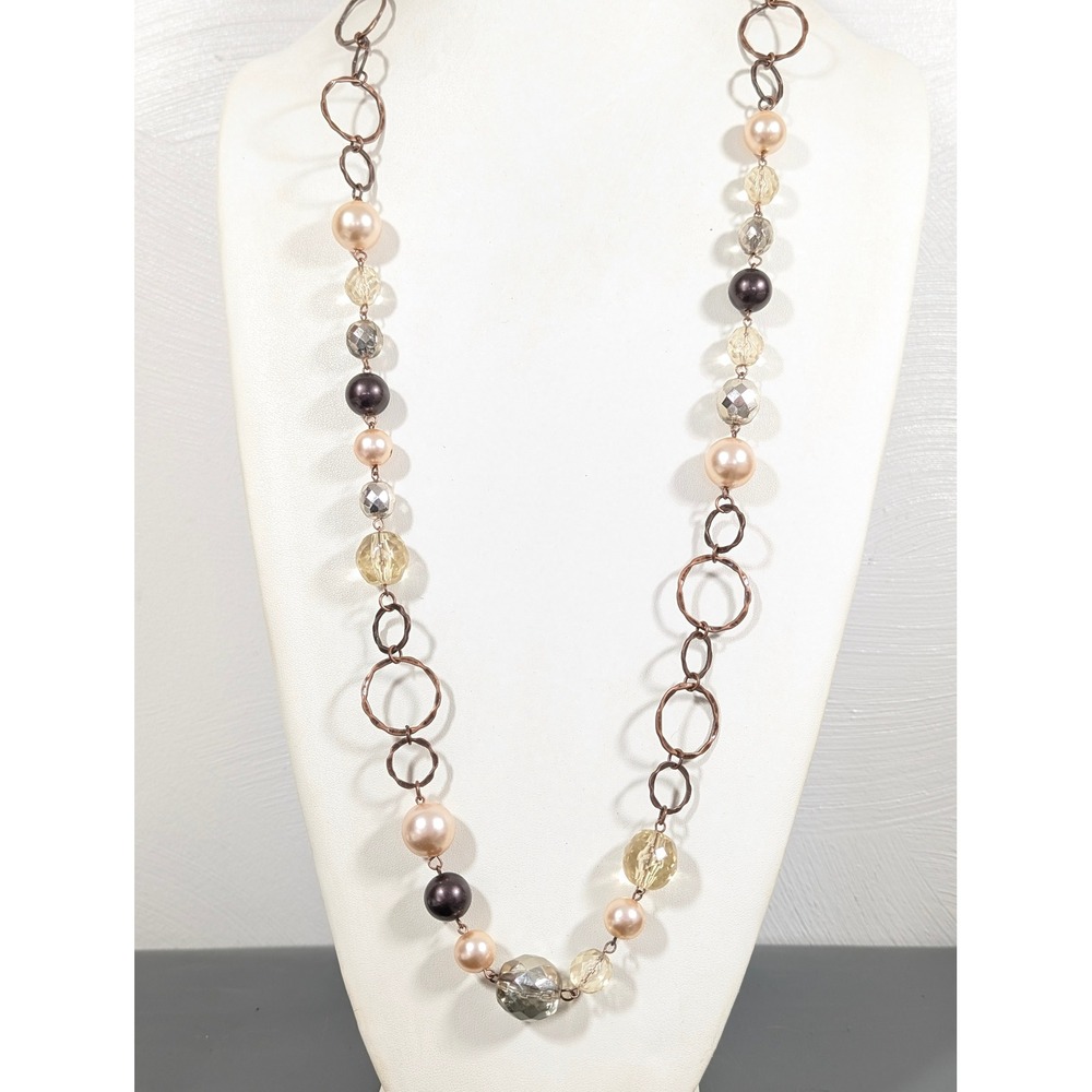 Long Copper Tone Necklace 36" Faux Pearl Champagne Brown Hammered Boho